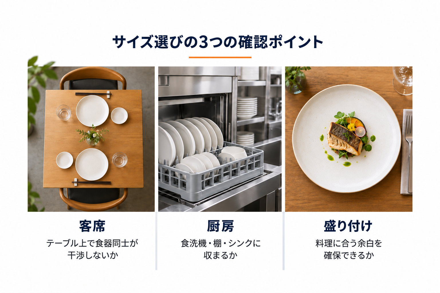 サイズ選びの3つの確認ポイント：客席・厨房・盛り付け