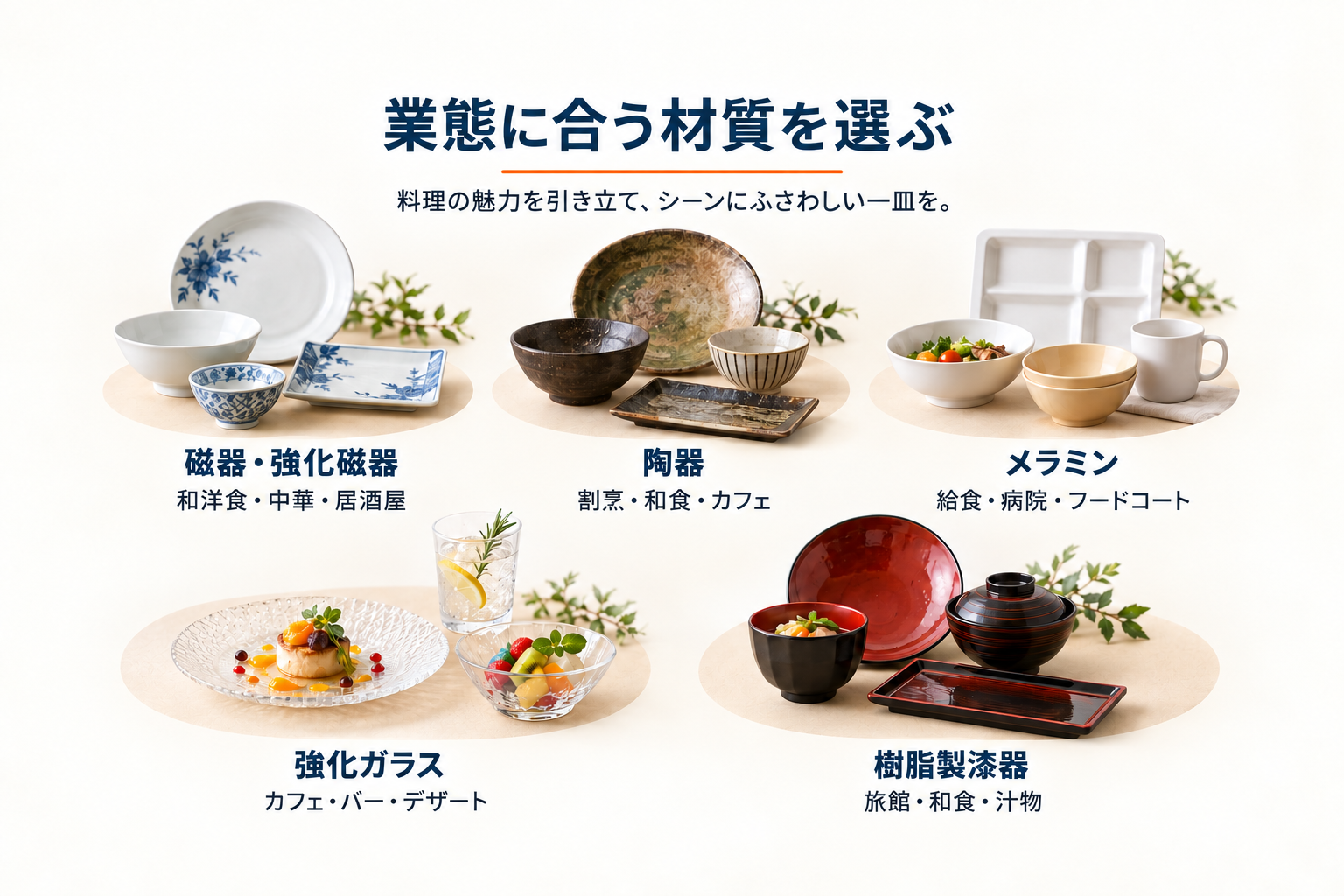 業態に合う材質の選び方：磁器・陶器・メラミン・強化ガラス・樹脂製漆器