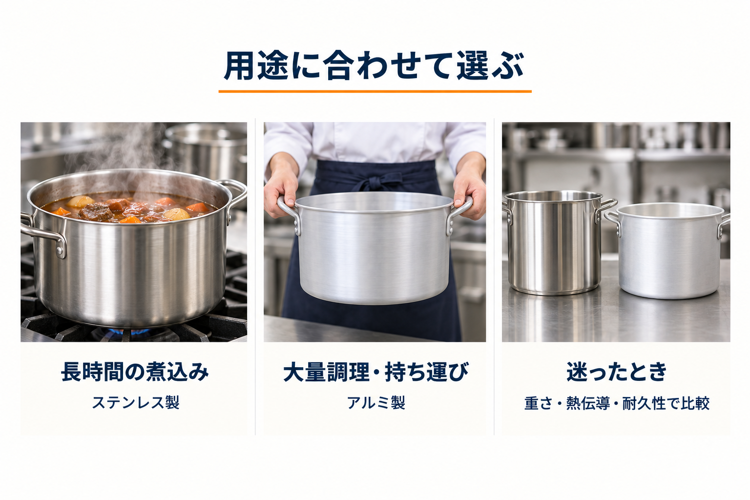 用途に合わせて選ぶ:長時間の煮込みはステンレス製、大量調理・持ち運びはアルミ製、迷ったときは重さ・熱伝導・耐久性で比較