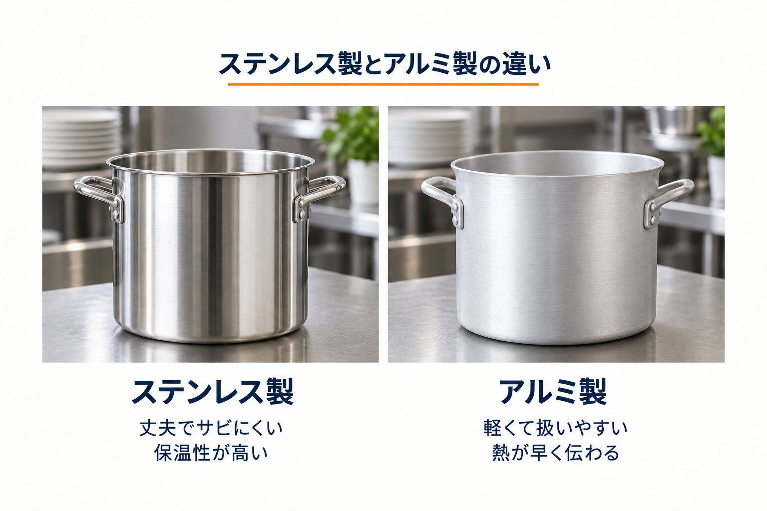 ステンレス製とアルミ製の違い:丈夫でサビにくい・保温性が高いステンレス製と、軽くて扱いやすい・熱が早く伝わるアルミ製