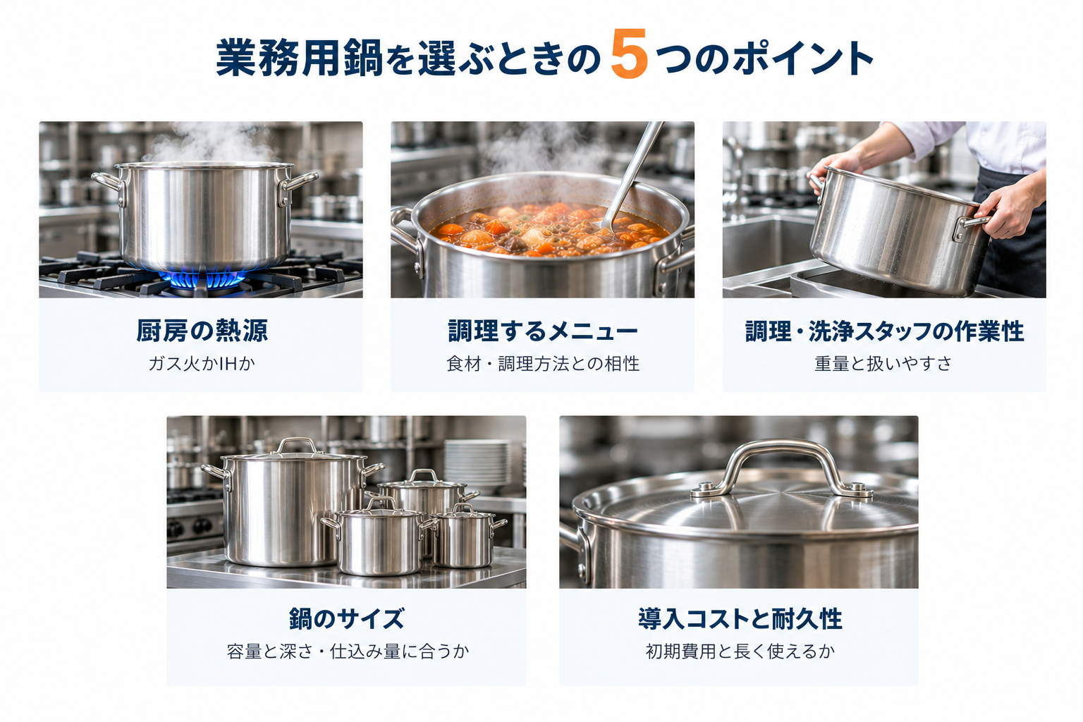 業務用鍋を選ぶときの5つのポイント:厨房の熱源・調理するメニュー・作業性・鍋のサイズ・導入コストと耐久性